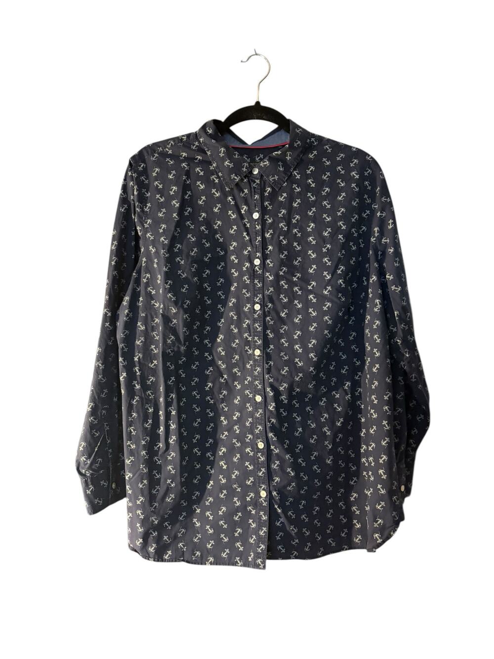 Talbots Womans 16W Blue Anchor Print Button Up Shirt Blouse Nautical Preppy